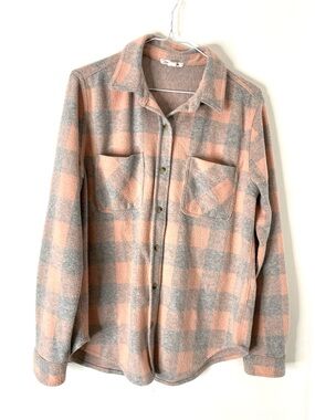 beachlunchlounge Pink Grey Plaid Plush Button Front Shirt Soft Shacket Top